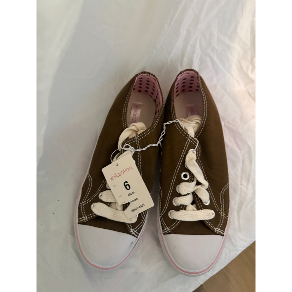 Xhilaration Alison Brown Canvas Sneakers Pink Polka Dot Lining NWT